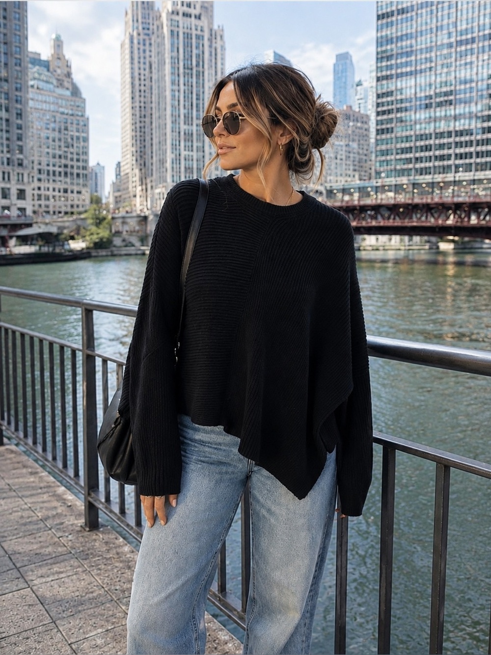 Free People Black Ribbed asymmetrical Sweater
